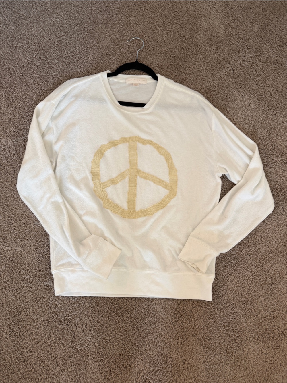 Spiritual Gangster White Crewneck Sweater with Tan Peace Sign